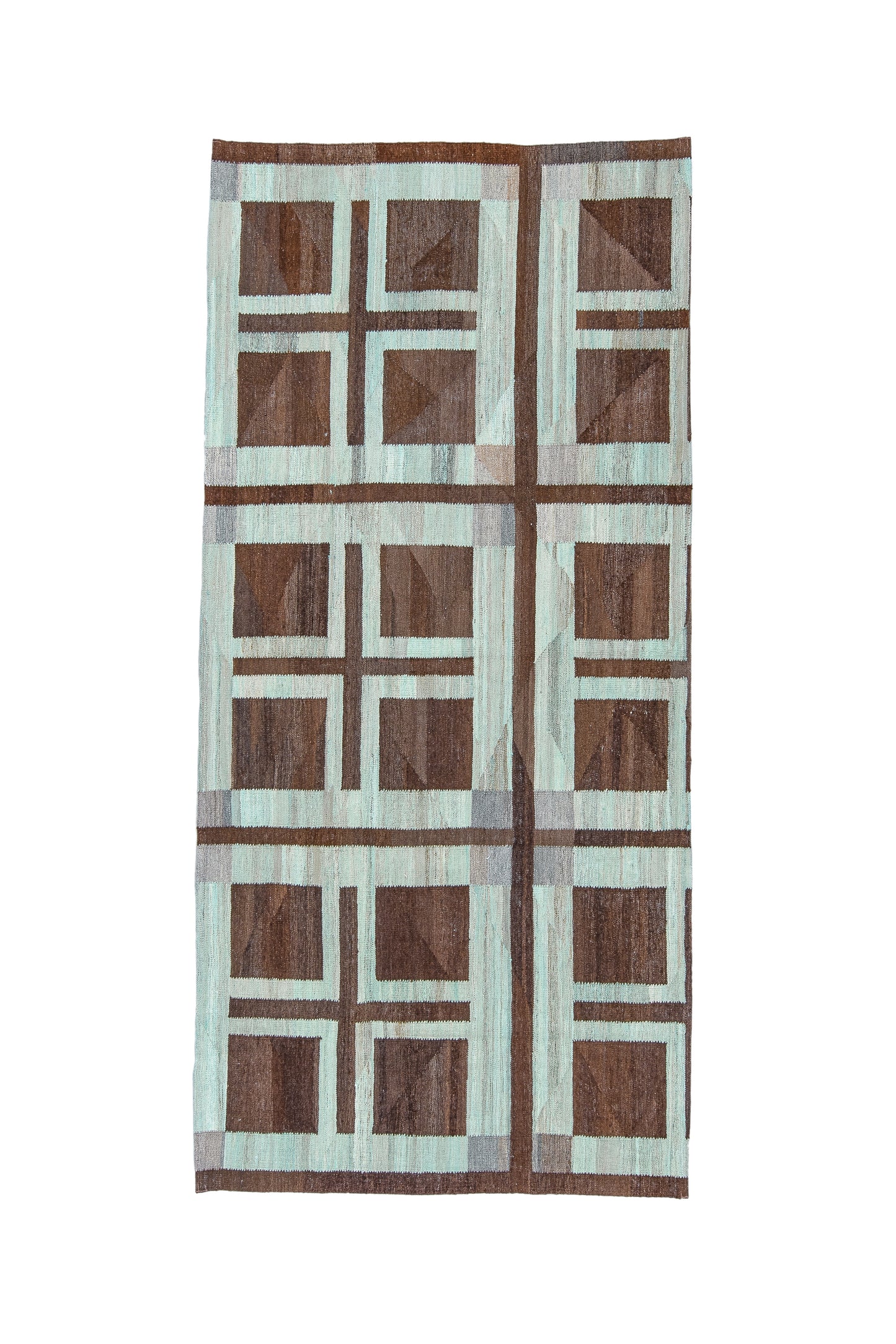 Modern Kilim flat weave | 9 x 4 | Area Rug Gallery | tribal design | Light Green, Brown, Beige | hand woven (3364)