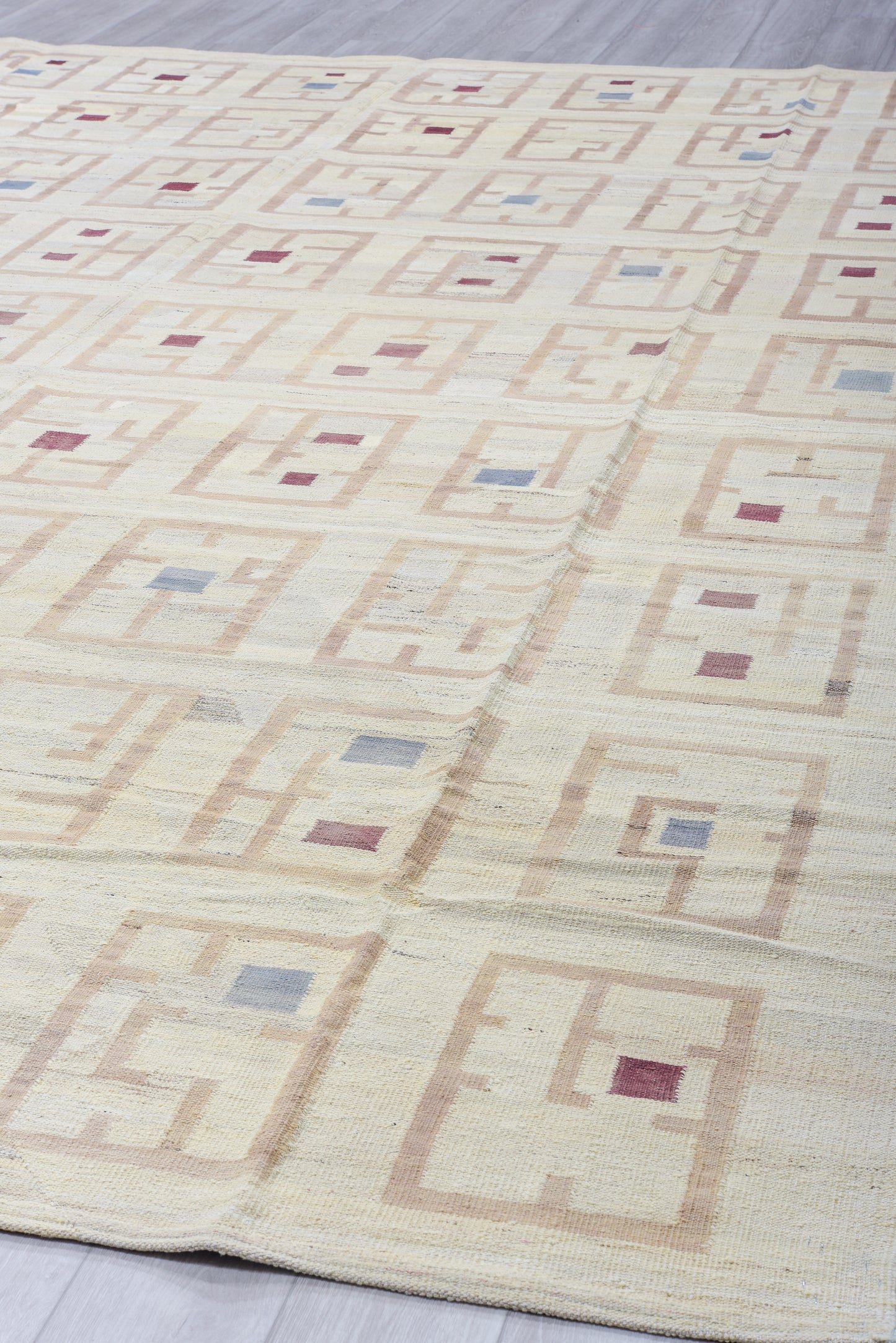 Modern Kilim flat weave | 13 x 15 | Area Rug | tribal design | Blue, Beige, Dark Red | hand woven (3368)