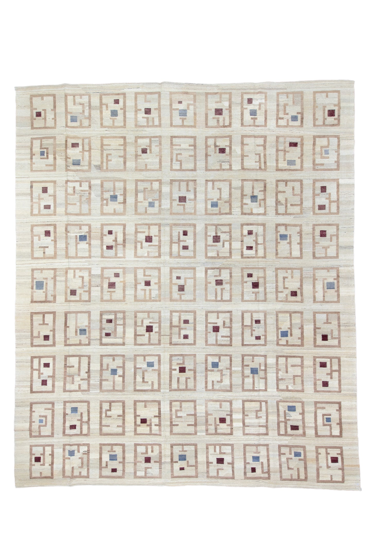 Modern Kilim flat weave | 13 x 15 | Area Rug | tribal design | Blue, Beige, Dark Red | hand woven (3368)