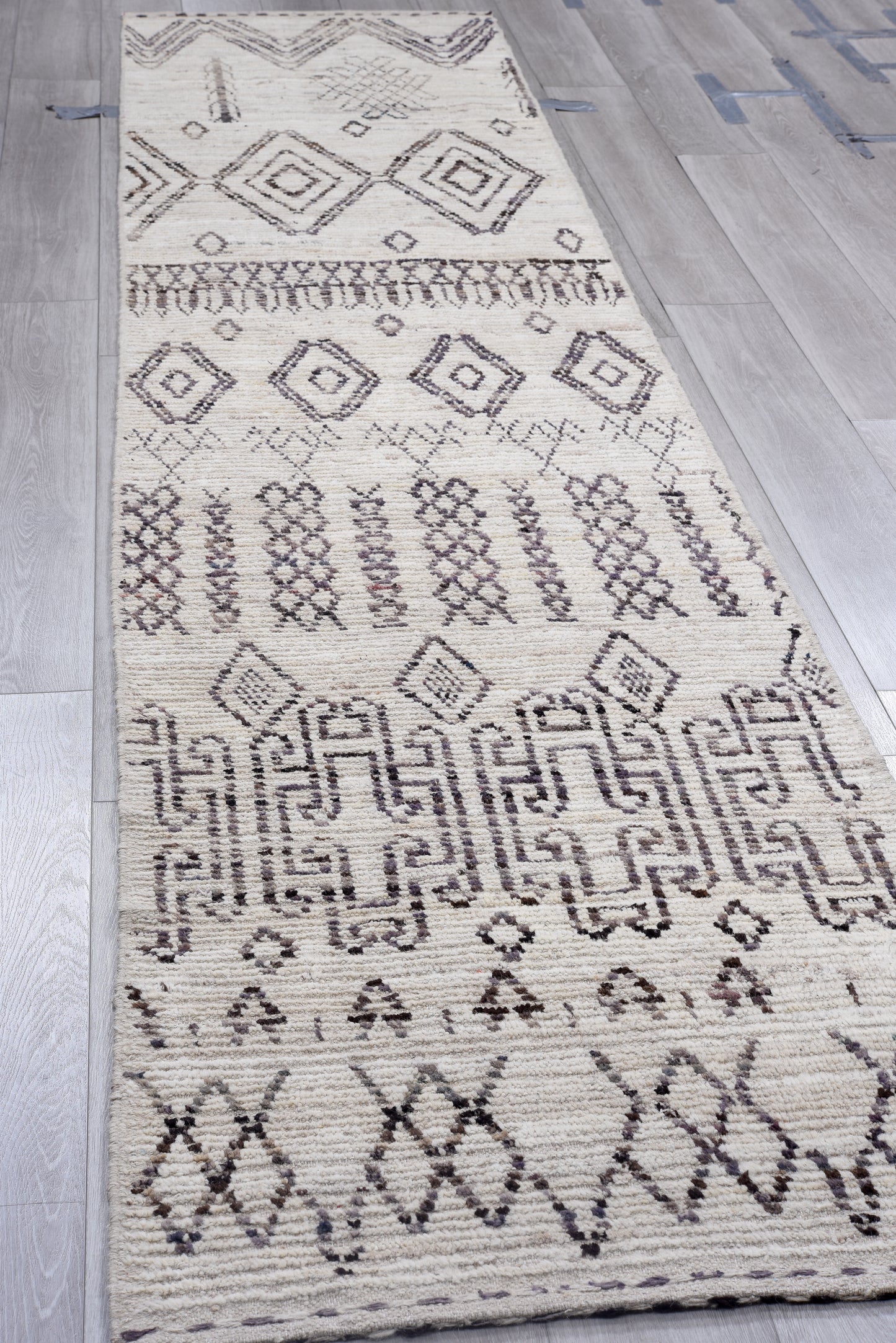 Moroccan Handmade Runner 3 X 13 | Beige, Brown| Hand knotted (4346)