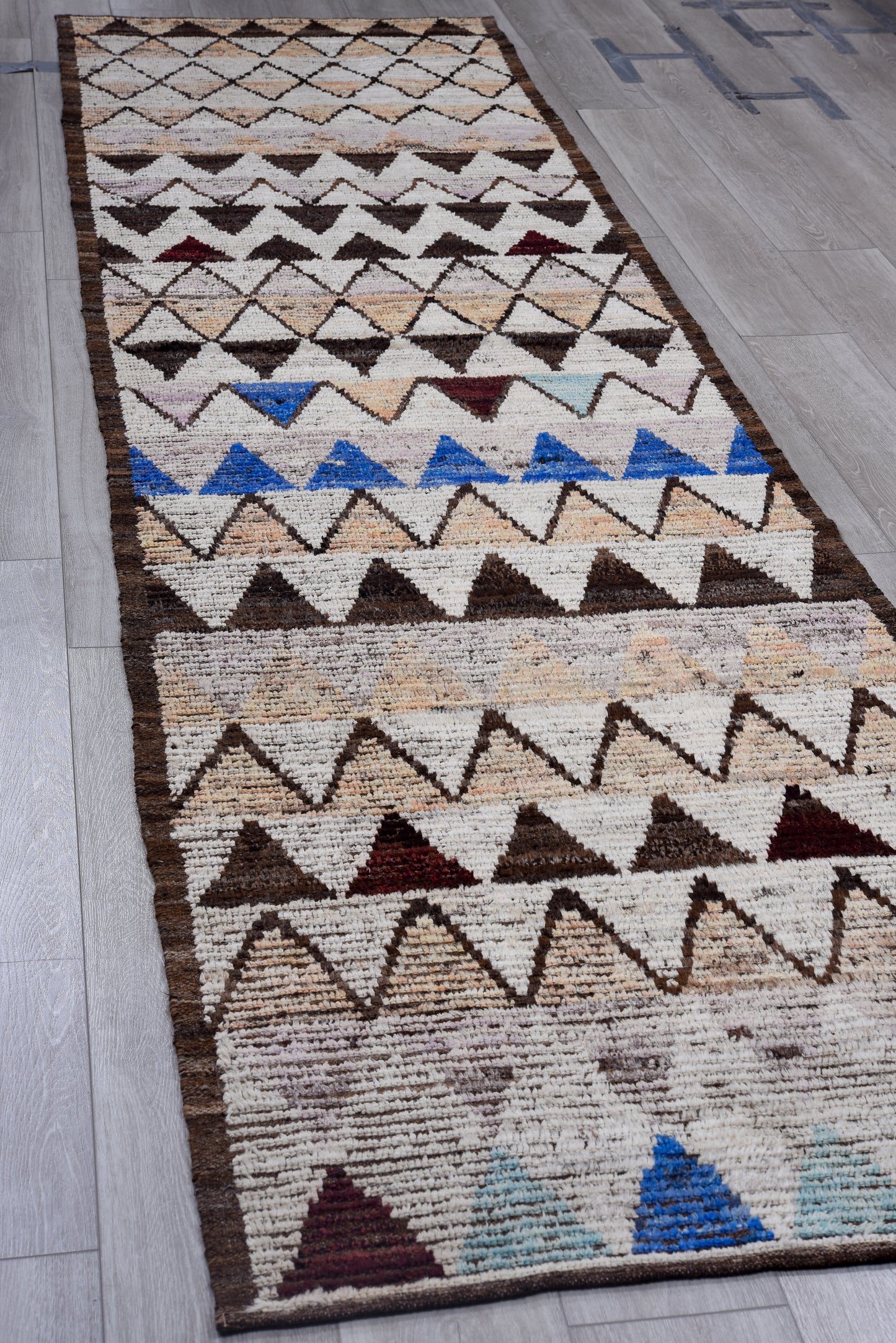Moroccan Handmade Runner 3 X 13 | Beige, Brown, Gray, Blue, Orange | Hand knotted (4355)