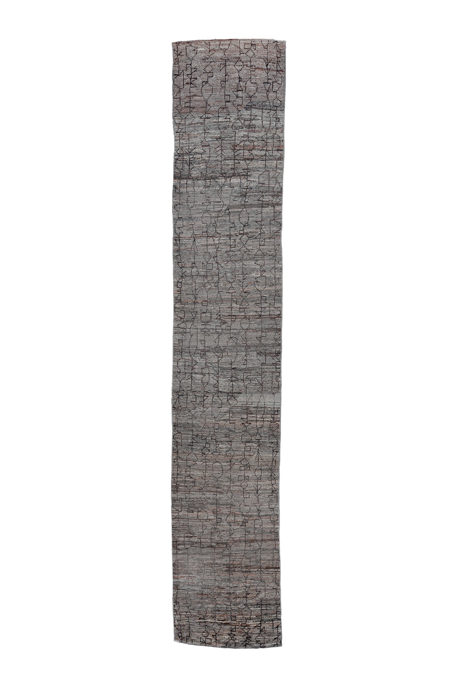 Moroccan Handmade Runner 4 X 19 | Grey, Black, Orange, | Hand knotted (4359)