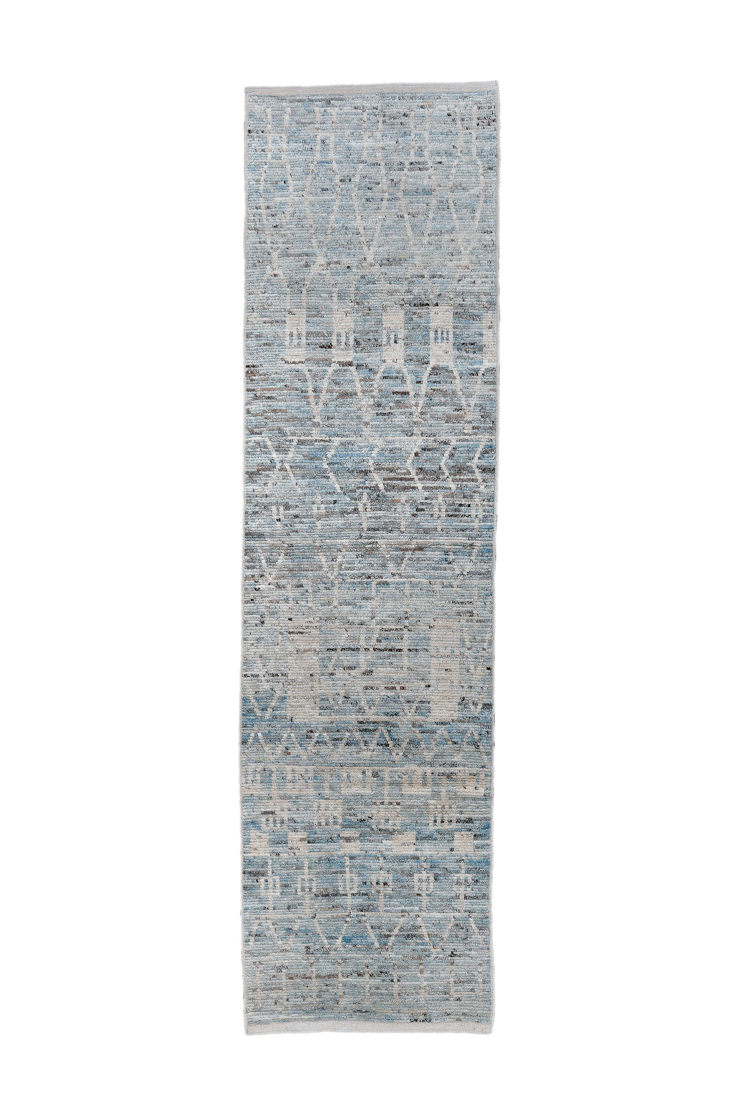 Moroccan Handmade Runner 4 X 13 | Grey, Blue, Beige, Brown| Hand knotted (4367)