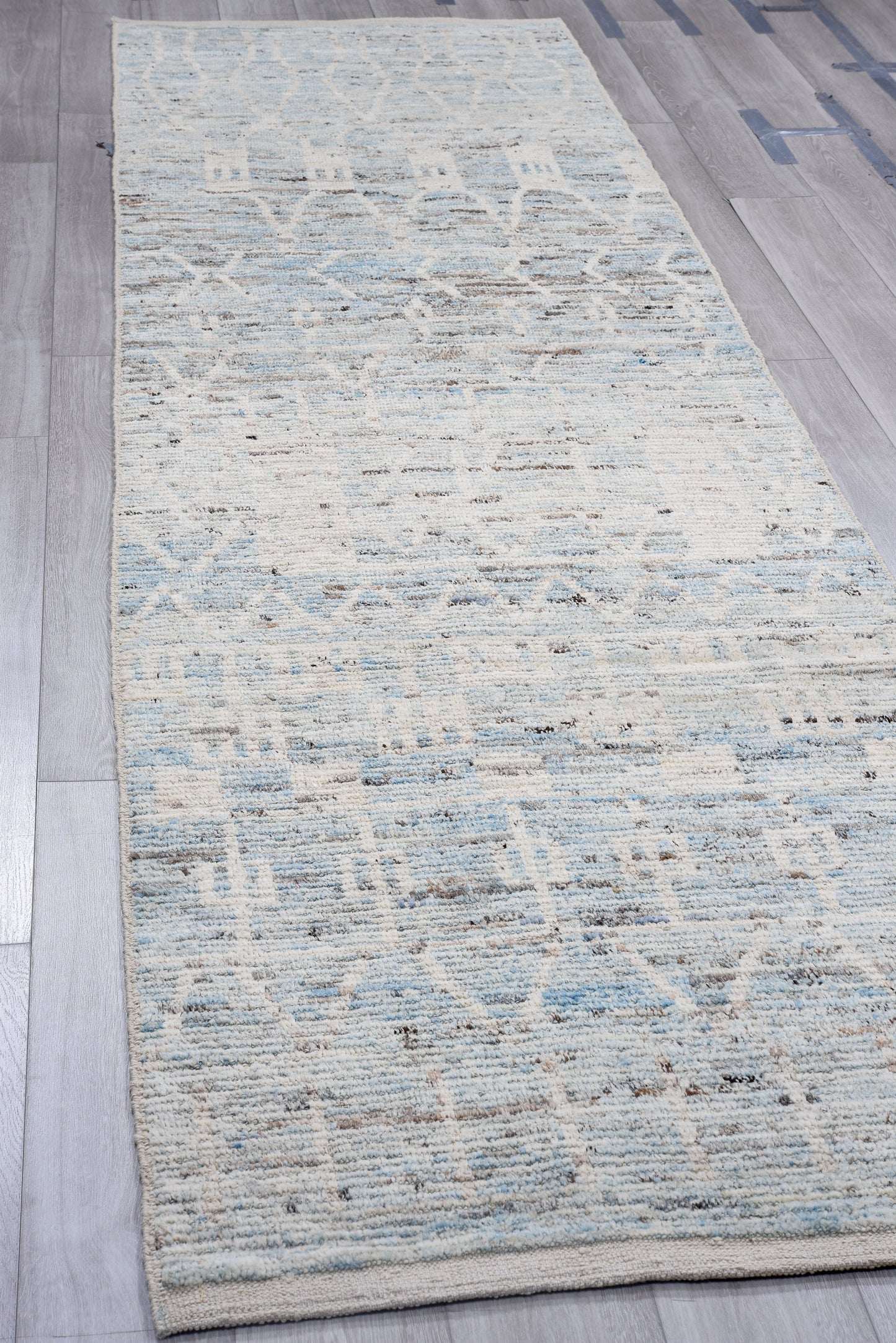Moroccan Handmade Runner 4 X 13 | Grey, Blue, Beige, Brown| Hand knotted (4367)