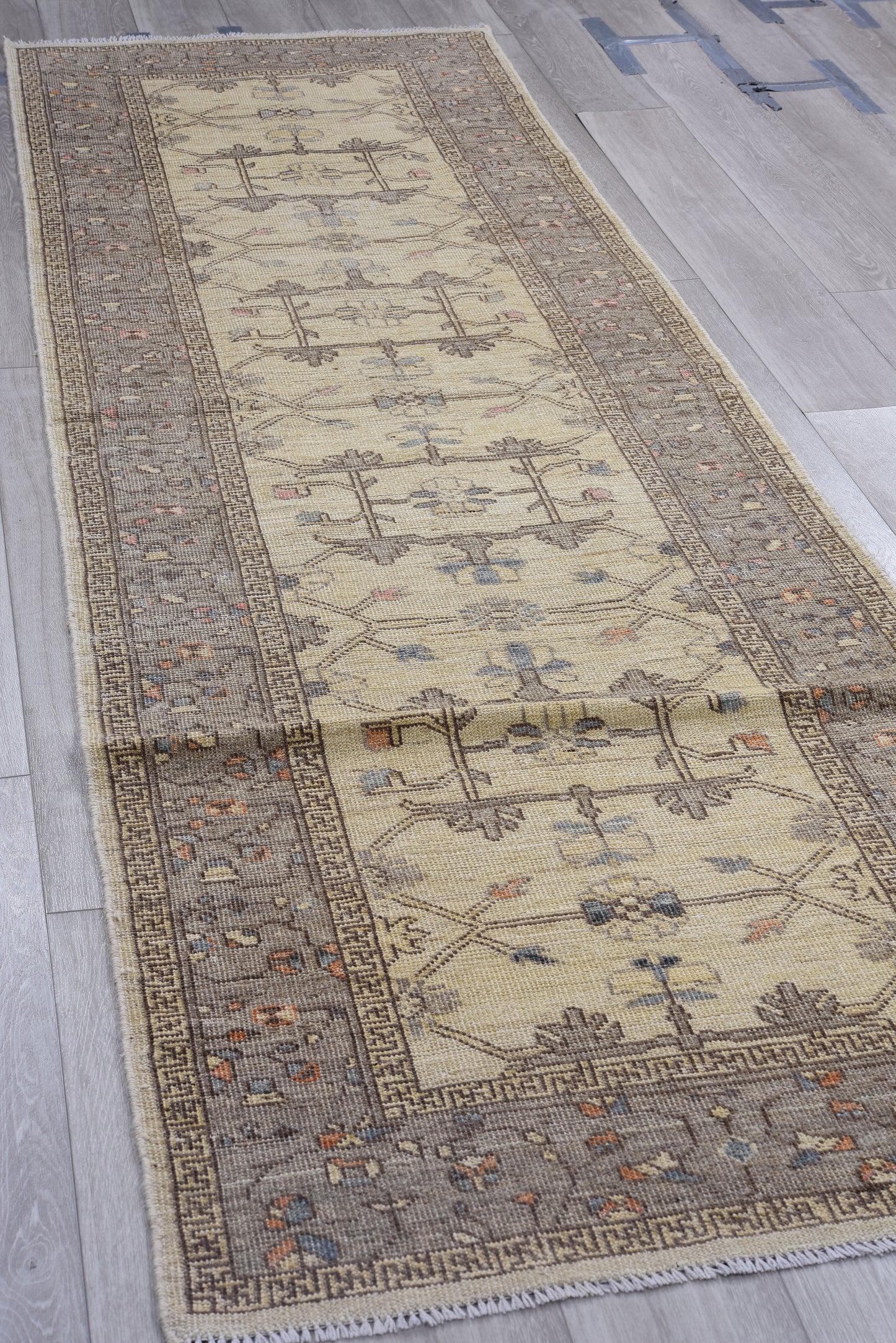 Oushak Handmade Runner 3 X 11 |Beige, Gray, Pink | Hand knotted (4391)