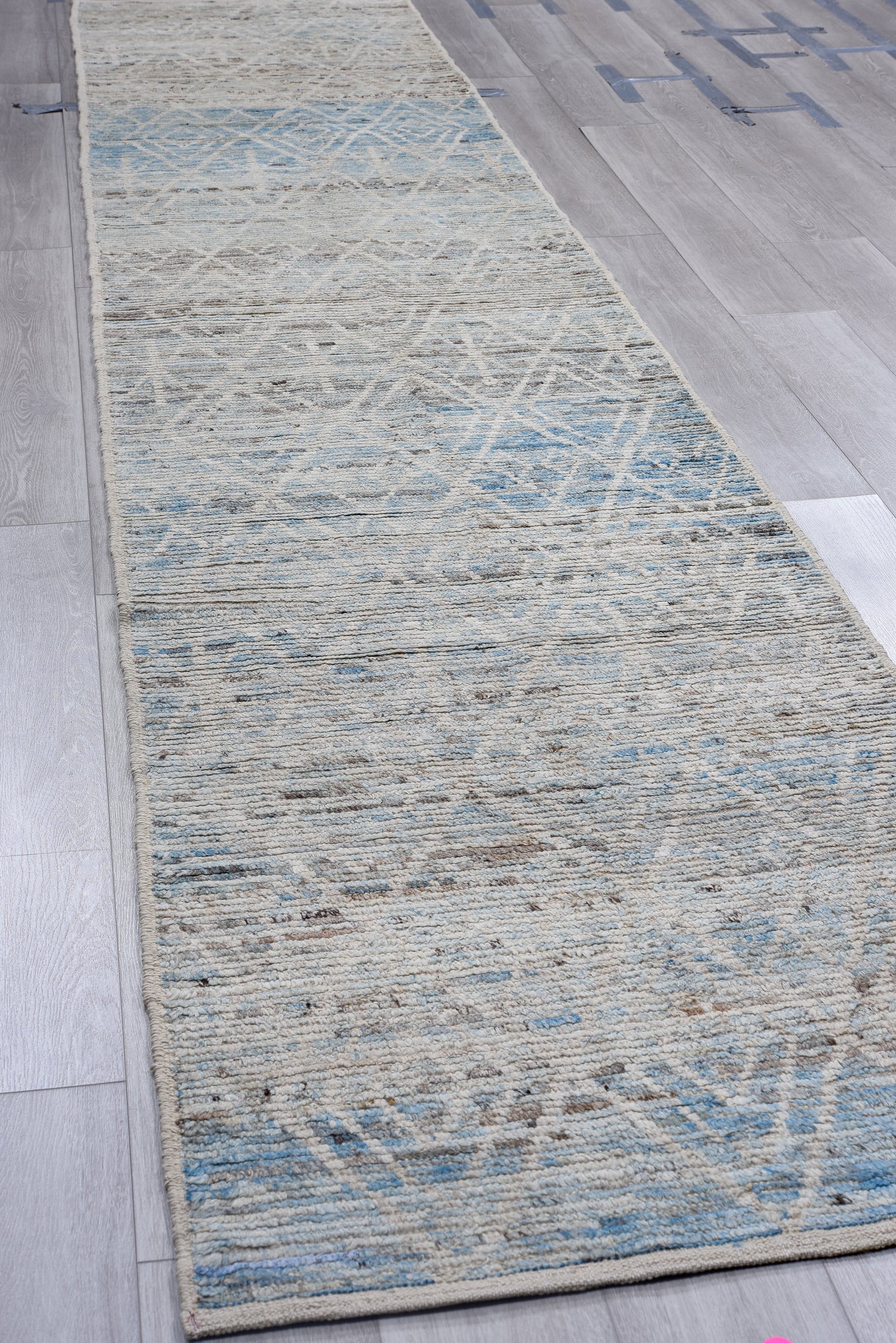 Moroccan Handmade Runner 3 X 16 | Gray, White, Blue, Brown | Hand knotted (4394 )