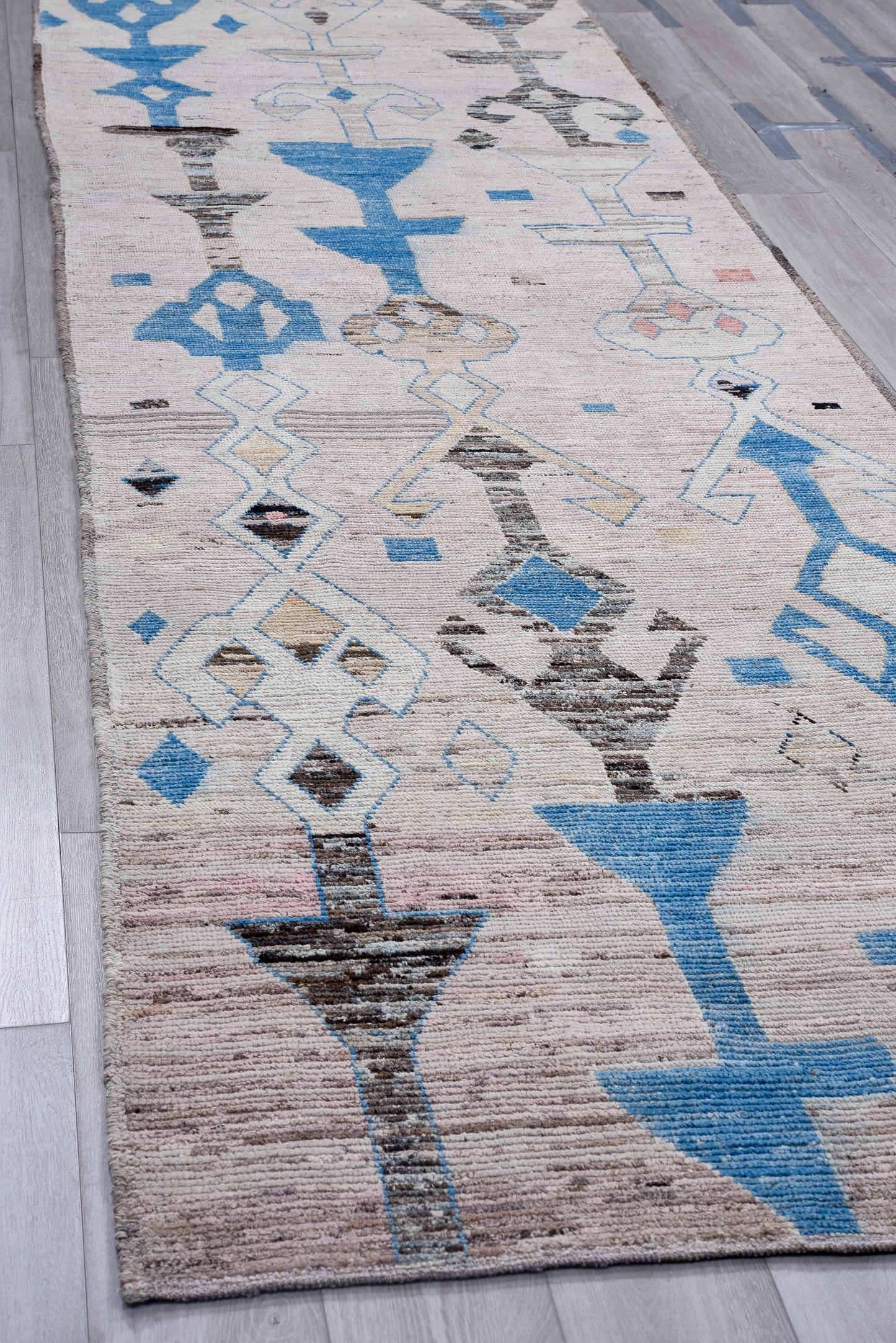 Moroccan Handmade Runner 4 X 13 | Grey, Blue, Black, Beige, Red| Hand knotted (4415)