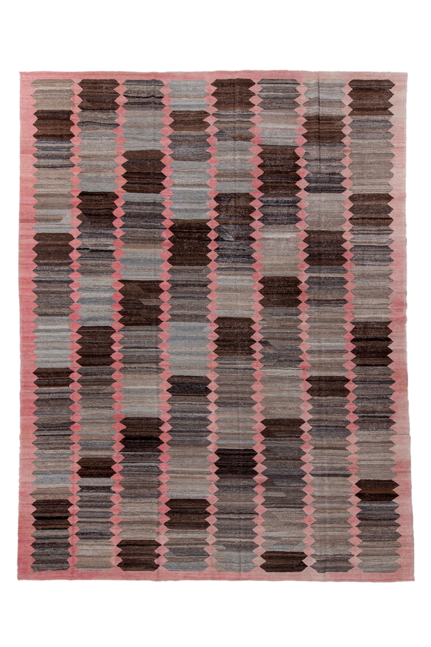 Modern Kilim flat weave | 11 x 16 | Area Rug | tribal design | pink, brown, beige, grey | hand woven (5033)