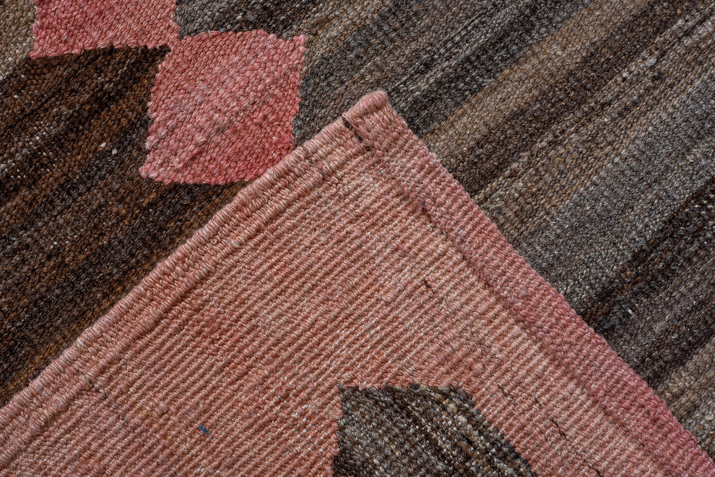 Modern Kilim flat weave | 11 x 16 | Area Rug | tribal design | pink, brown, beige, grey | hand woven (5033)