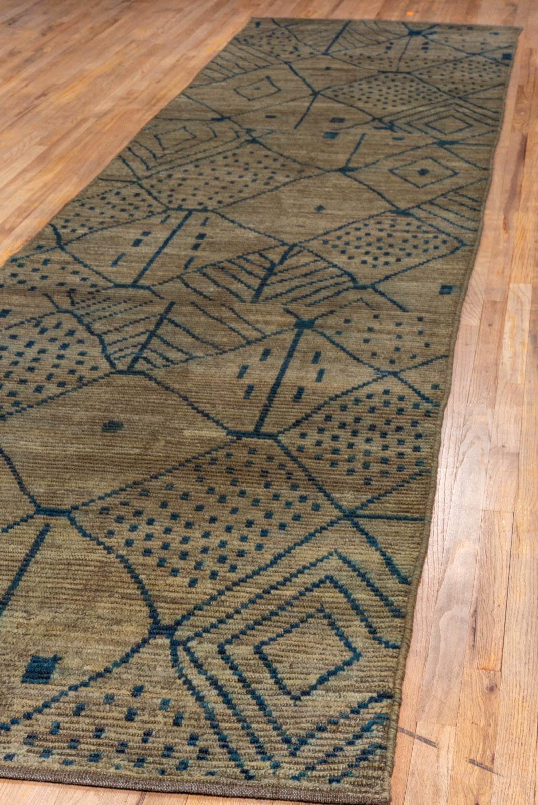 Moroccan Handmade Runner 4 X 16 |GREEN, Brown, Blue| Hand Knotted (1802)