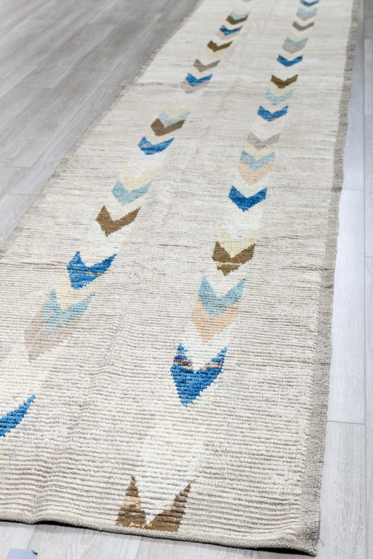 Moroccan beautiful multicolor handmade runner 3 X 17 | beige, blue, white, brown | hand knotted (3871)