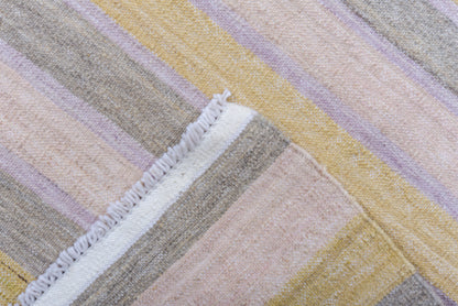 Modern Kilim flat weave | 8 x 11 | Area Rug | tribal design | grey, blue, yellow, light green| hand woven (4298)
