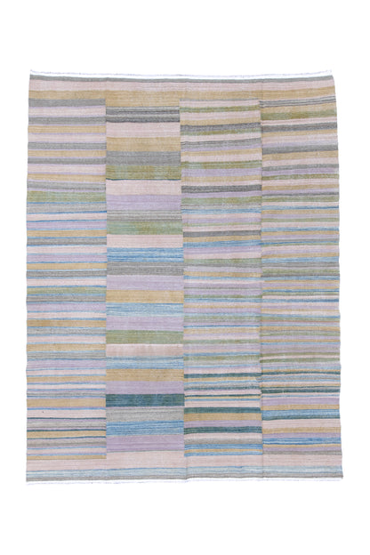 Modern Kilim flat weave | 8 x 11 | Area Rug | tribal design | grey, blue, yellow, light green| hand woven (4298)