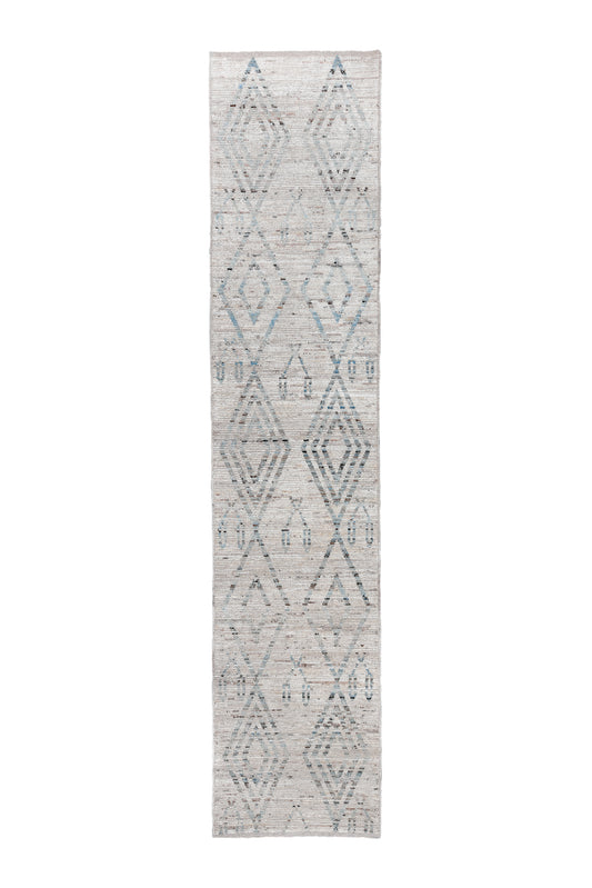 Morroccan Runner | handmade natural wool | 4x16 | Geomatric design beige and blue (4342)