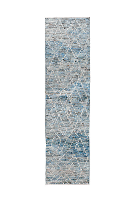 Moroccan Handmade Runner 4 X 13 |Blue, Beige, White| Hand knotted (4343)