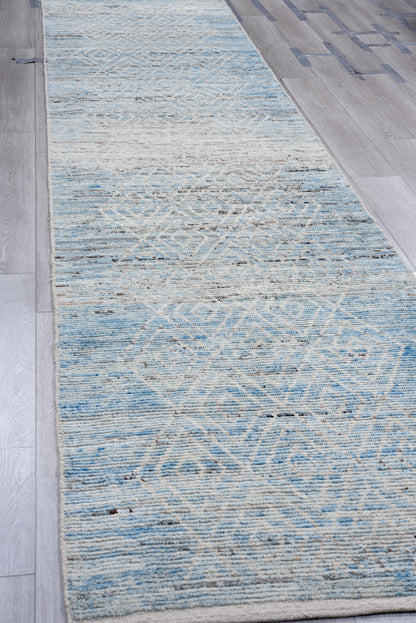 Moroccan Handmade Runner 4 X 16 |Blue, Beige, White| Hand knotted (4344)