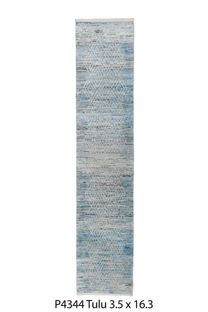 Moroccan Handmade Runner 4 X 16 |Blue, Beige, White| Hand knotted (4344)