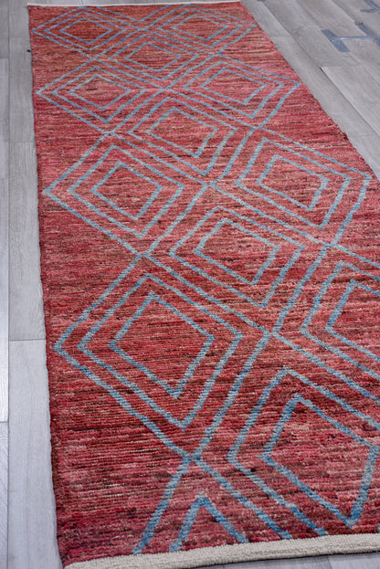 Moroccan Handmade Runner 4 X 12 | Red, Blue| Hand knotted (4351)