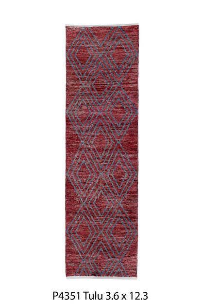 Moroccan Handmade Runner 4 X 12 | Red, Blue| Hand knotted (4351)