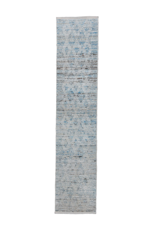 Moroccan Handmade Runner 3 X 13 | Gray, Blue, Black, Brown, White | Hand knotted (4353)