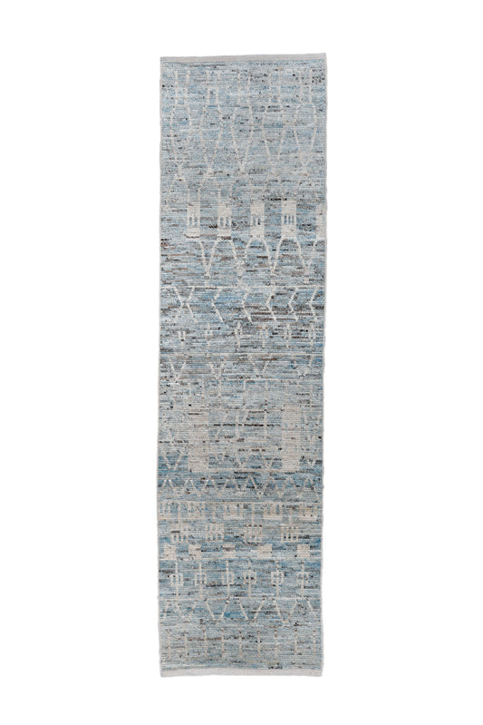 Moroccan Handmade Runner 4 X 13 | White, Blue, Beige, Brown | Hand knotted (4367)