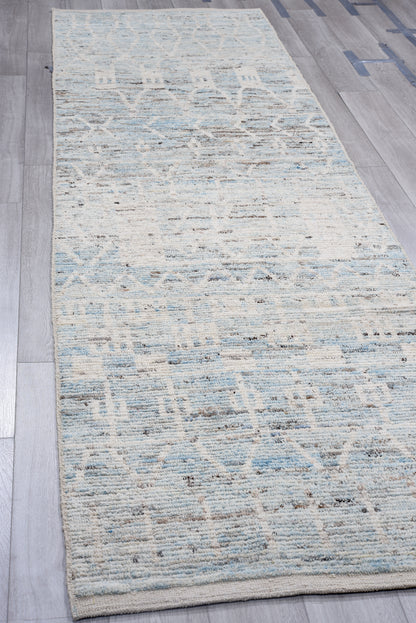 Moroccan Handmade Runner 4 X 13 | White, Blue, Beige, Brown | Hand knotted (4367)