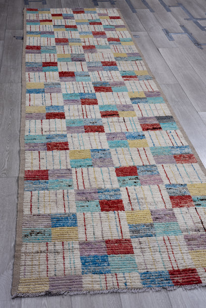 Moroccan Handmade Runner 3 X 13 |Beige, Blue, Sky Blue, Yellow, White, purple Black, Red| Hand knotted (4371)