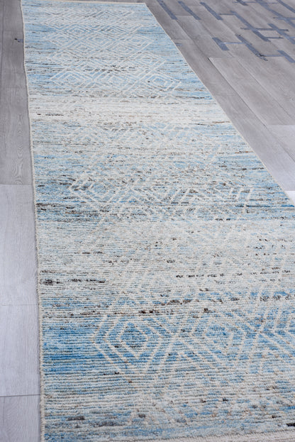 Moroccan beautiful handmade runner 3 X 16 | Blue, Beige | hand knotted (4372)