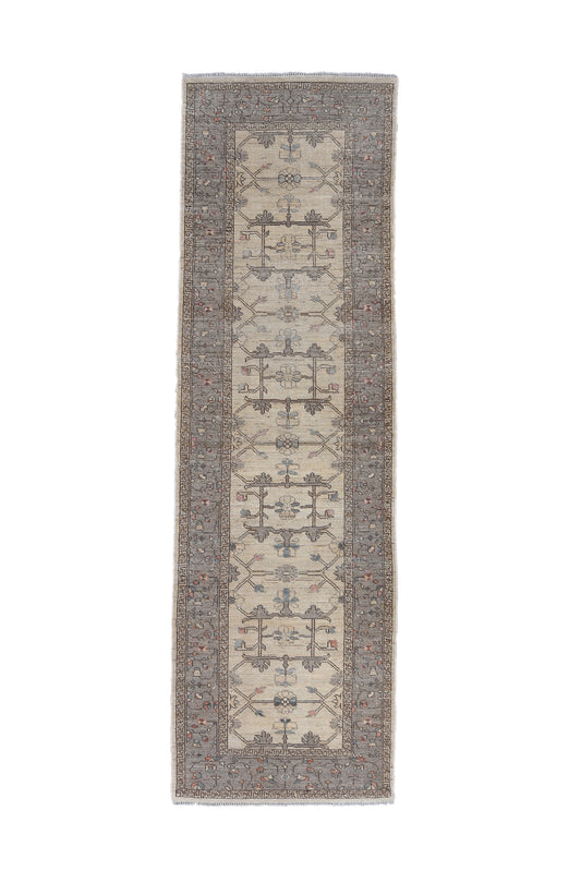 Oushak Handmade Runner 3 X 11 |Beige, Gray, Pink | Hand knotted (4391)