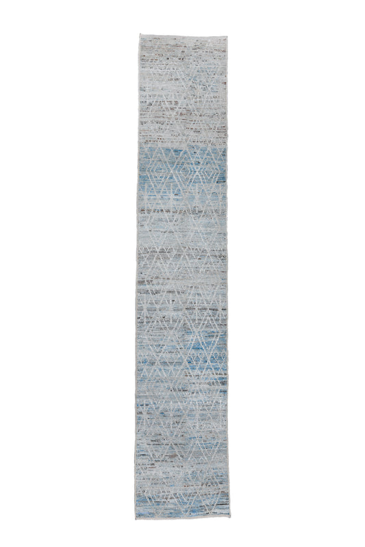 Moroccan Handmade Runner 3 X 16 | Gray, White, Blue, Brown | Hand knotted (4394 )