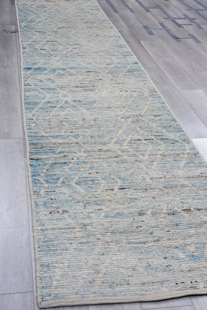 Moroccan Handmade Runner 3 X 17 |White, Gray Blue | Hand knotted (4396)