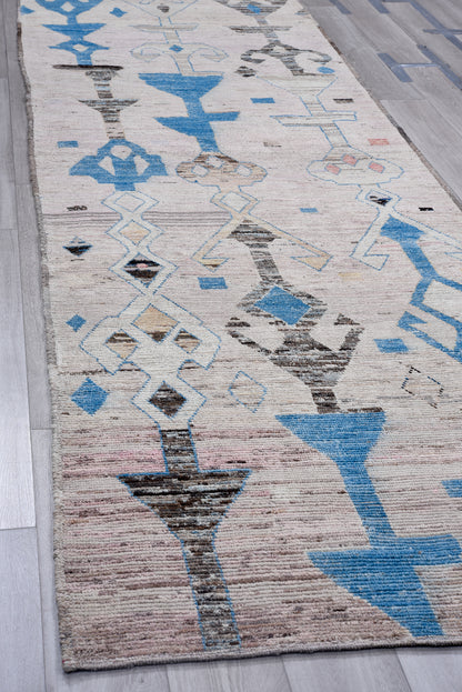 Moroccan Handmade Runner 4 X 13 | Grey, Blue, Black, Beige, Red| Hand knotted (4415)