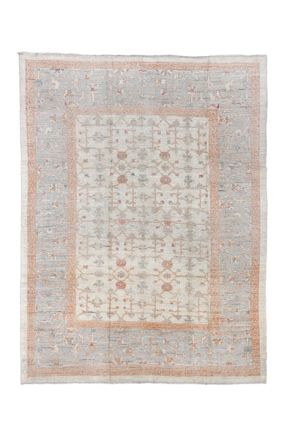 Turkish design modern Oushak hand woven Rug | 9 x 12 | Area Rug |tribal design | beige, grey, orange | Turkish Knot (4506)