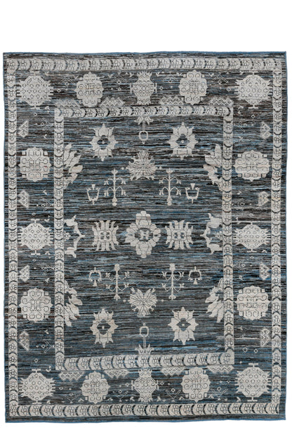 Turkish design modern Oushak hand woven Rug | 9 x 12 | Area Rug |tribal design | Blue, Grey, Black | Turkish Knot (4506)