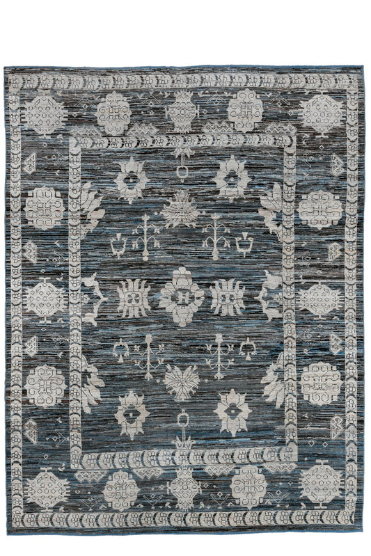 Turkish design modern Oushak hand woven Rug | 9 x 12 | Area Rug |tribal design | Blue, Grey, Black | Turkish Knot (4506)