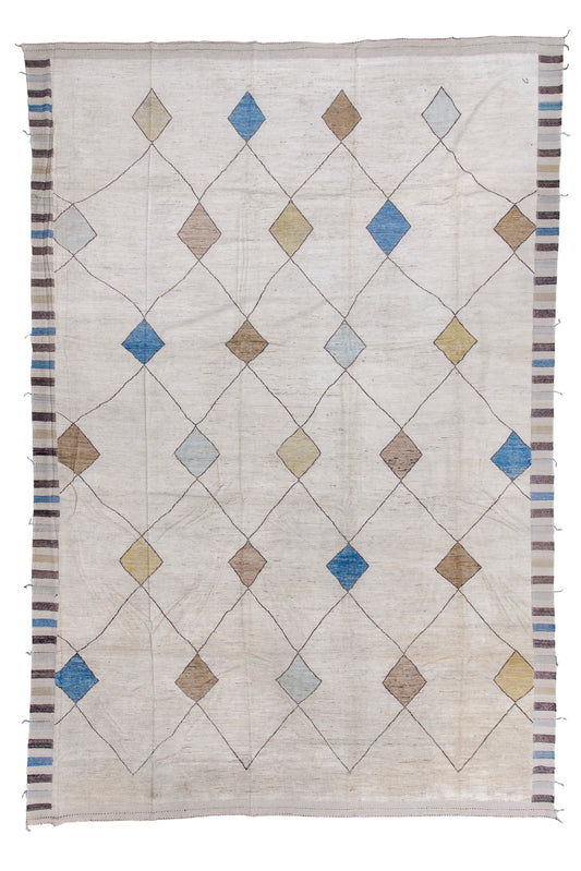 Moroccan Handmade Area Rug 14 X 20 | Beige, Blue, Gray, Yellow, Brown | Hand knotted (4799)