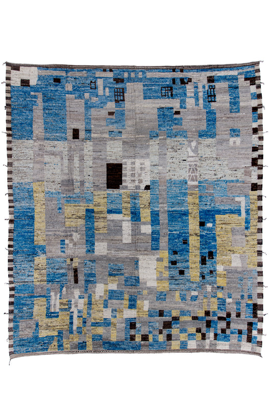 Moroccan Handmade Area Rug 15 X 17 | Blue, Gray, Yellow, Black, Brown, White | Hand knotted (4967)