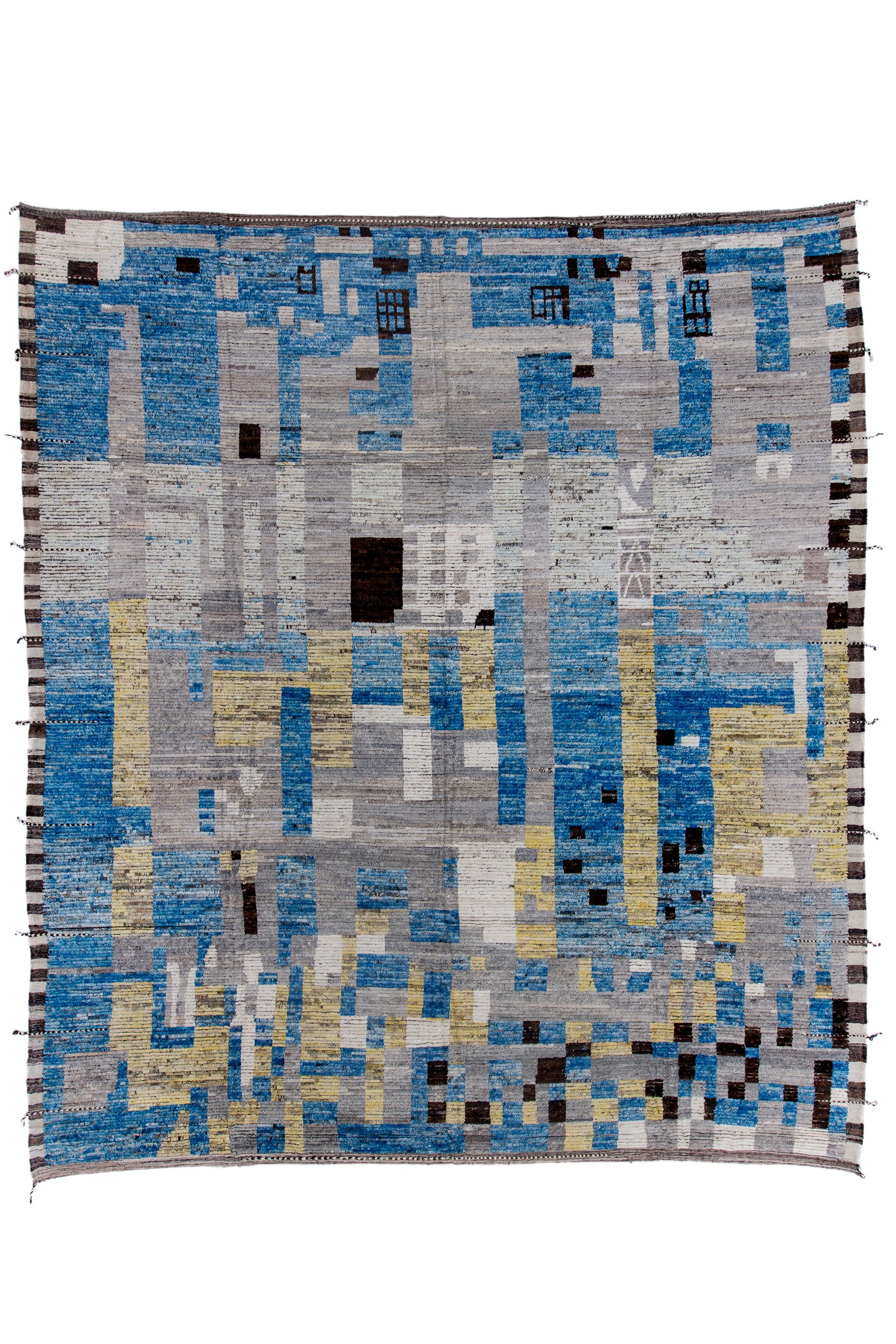 Moroccan Handmade Area Rug 15 X 17 | Blue, Yellow, Grey, Black, White | Hand knotted (4967)