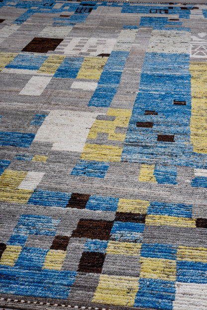 Moroccan Handmade Area Rug 15 X 17 | Blue, Yellow, Grey, Black, White | Hand knotted (4967)