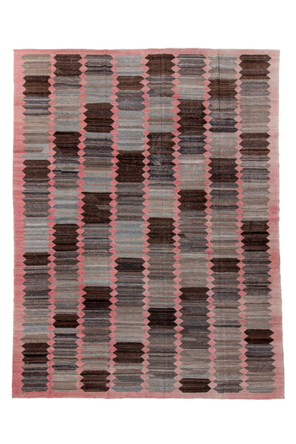 Modern Kilim flat weave | 11 x 16 | Area Rug | tribal design | pink, brown, beige, grey | hand woven (5033)