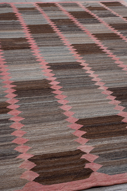 Modern Kilim flat weave | 11 x 16 | Area Rug | tribal design | pink, brown, beige, grey | hand woven (5033)