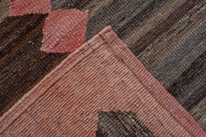 Modern Kilim flat weave | 11 x 16 | Area Rug | tribal design | pink, brown, beige, grey | hand woven (5033)