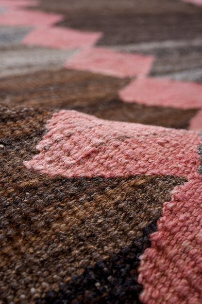Modern Kilim flat weave | 11 x 16 | Area Rug | tribal design | pink, brown, beige, grey | hand woven (5033)