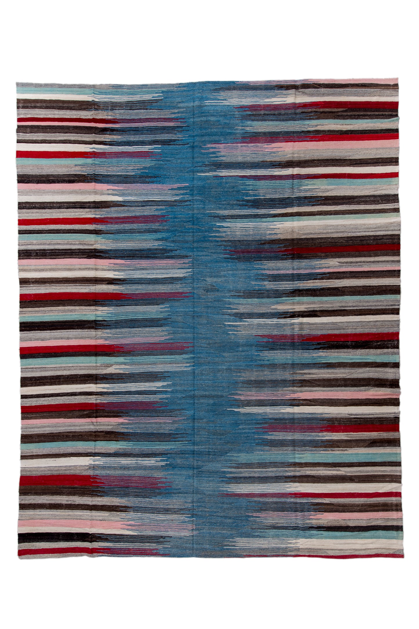 Modern Kilim flat weave | 13 x 16 | Area Rug | tribal design | red, pink, brown, beige, grey, blue, sky blue | hand woven (5034)