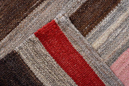 Modern Kilim flat weave | 13 x 16 | Area Rug | tribal design | red, pink, brown, beige, grey, blue, sky blue | hand woven (5034)