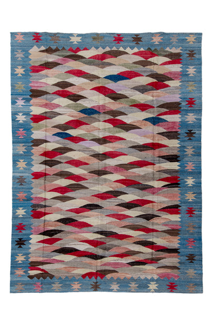 Modern Kilim flat weave | 10 x 14 | Area Rug | tribal design | brown, beige, grey, blue, pink, red| hand woven (5041)