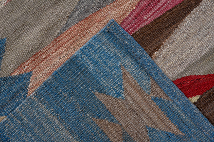 Modern Kilim flat weave | 10 x 14 | Area Rug | tribal design | brown, beige, grey, blue, pink, red| hand woven (5041)