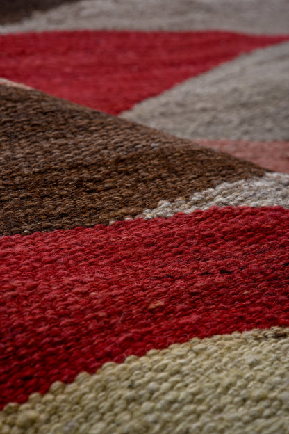 Modern Kilim flat weave | 10 x 14 | Area Rug | tribal design | brown, beige, grey, blue, pink, red| hand woven (5041)